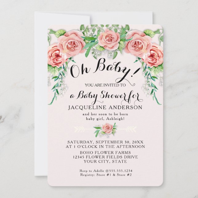 Invitación Oh Baby BOHO Chica de la Ducha Rosa Floral Script  (Anverso)