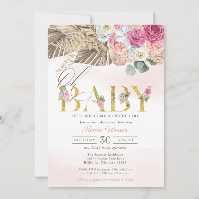 Invitación OH BABY Boho Floral Pampas & Palm Chica Shower Inv (Anverso)