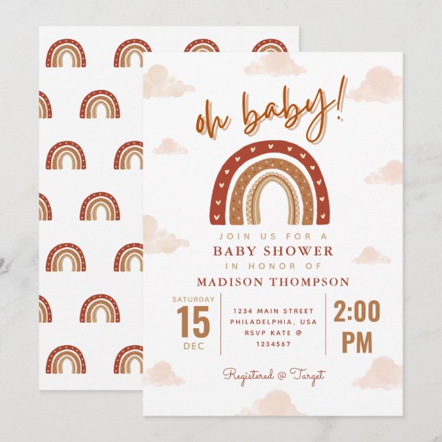Invitación Oh Baby Boho Terracotta Rainbow Clouds Baby Shower (Anverso / Reverso)