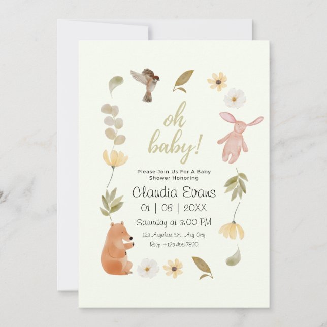 Invitación Oh Baby Boho Woodland Género ducha de bebé neutra (Anverso)