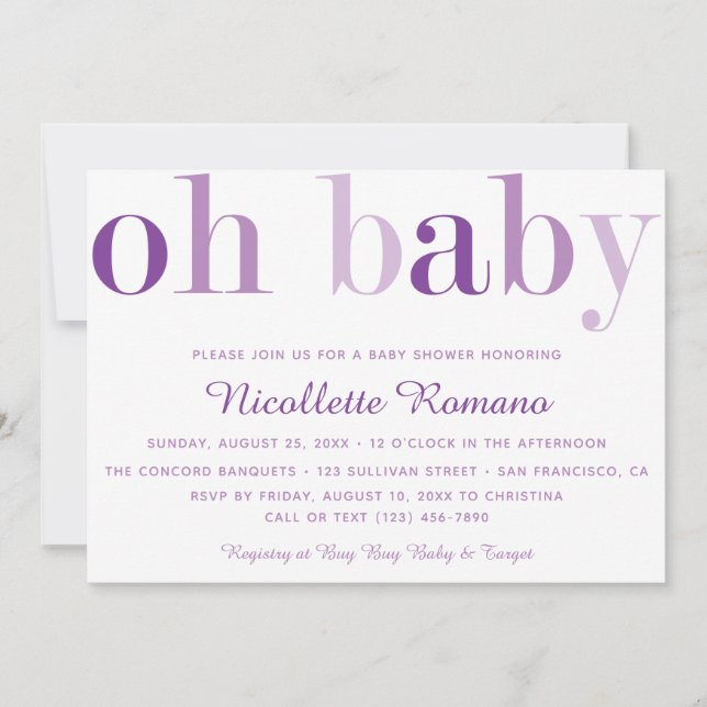 Invitación Oh Baby Bold Purple Typography Baby Shower (Anverso)