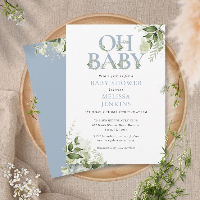 Invitación Oh Baby Botanical Greenery Azul Turbio Baby Shower (Subido por el creador)