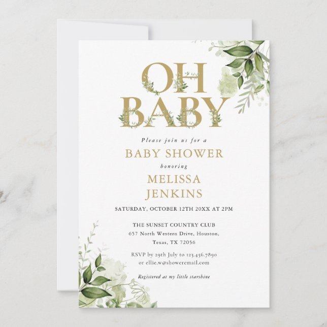Invitación Oh Baby Botanical Greenery Fiesta de Bebé Dorado (Anverso)