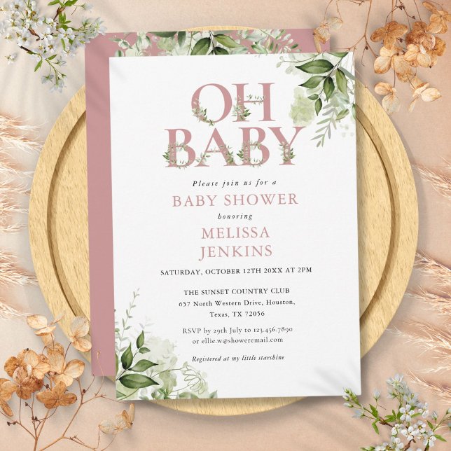 Invitación Oh Baby Botany Green Dusty Rosa Baby Shower (Oh Baby Botanical Greenery Dusty Rose Baby Shower Invitation)