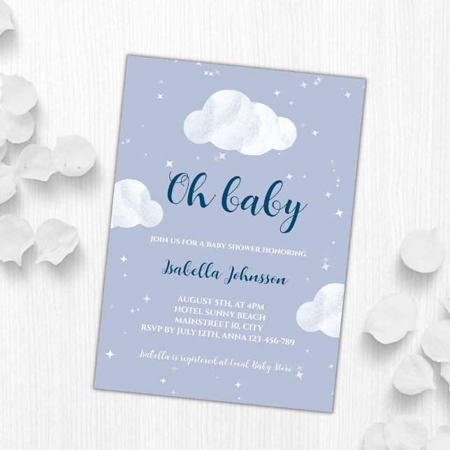 Invitación Oh Baby Boy Blue Clouds Sky Stars Baby Shower (oh baby boy blue clouds baby shower invitation)
