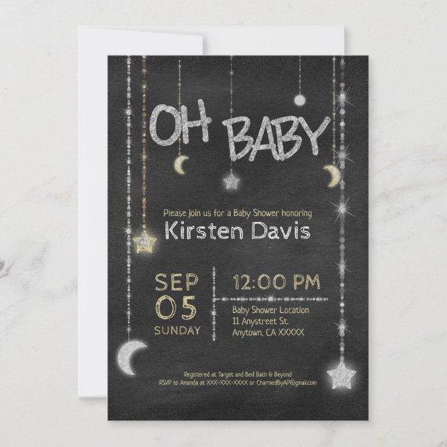 Invitación Oh Baby Boy Chica Chalkboard Moon Stars Baby Showe (Anverso)