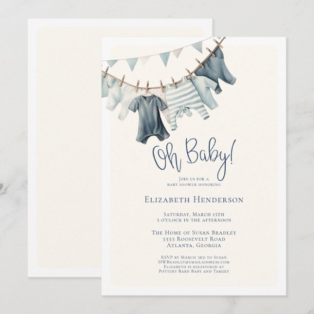 Invitación Oh Baby Boy Vintage Clothesline Baby Shower (Anverso / Reverso)