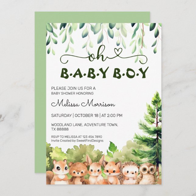 Invitación Oh Baby Boy Woodland Shower (Anverso / Reverso)