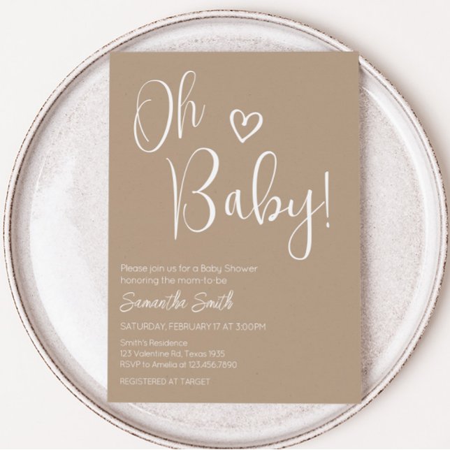 Invitación Oh Baby Brown Minimalista Baby Shower (Brown Minimalist Heart Baby Shower Invitation)