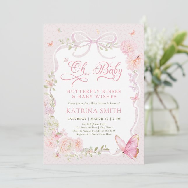 Invitación Oh Baby Butterfly Kisses Pink Baby Shower (Anverso de pie)