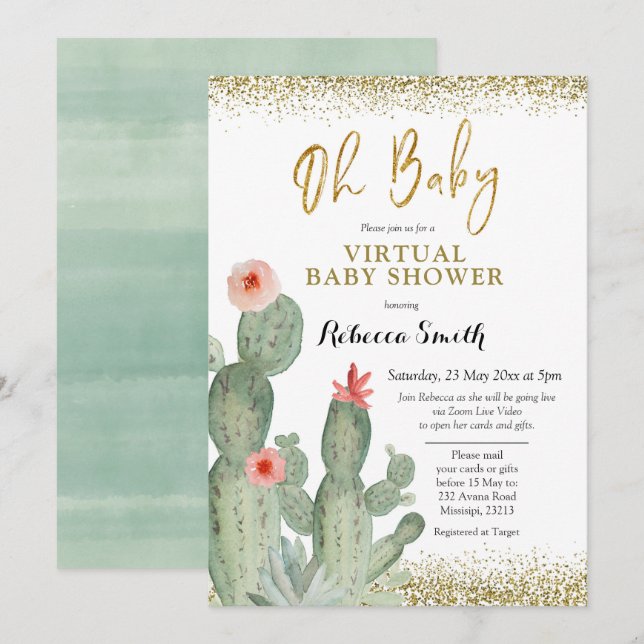 Invitación Oh Baby Cactus Virtual Baby Shower (Anverso / Reverso)