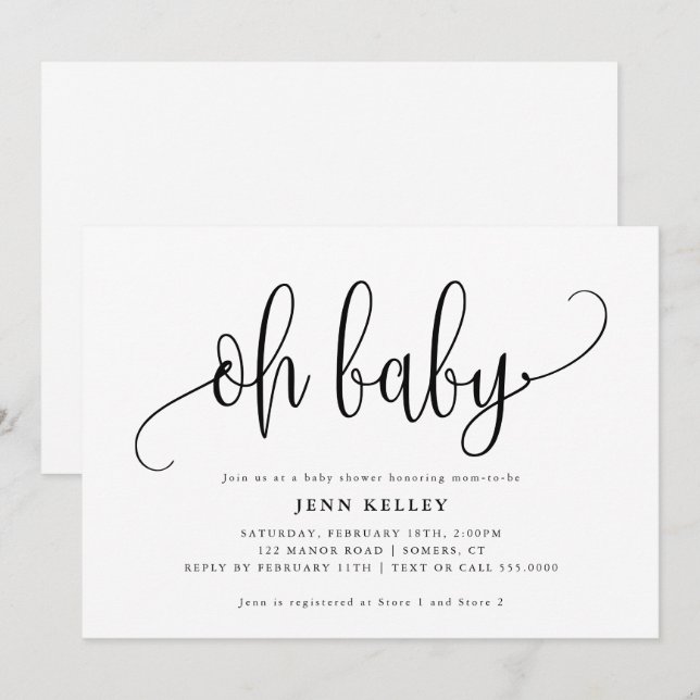 Invitación Oh Baby Calligraphy Baby Shower (Anverso / Reverso)
