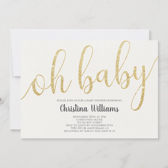 Invitación Oh Baby Calligraphy Gold Purpurina Chica Baby Show (Anverso)