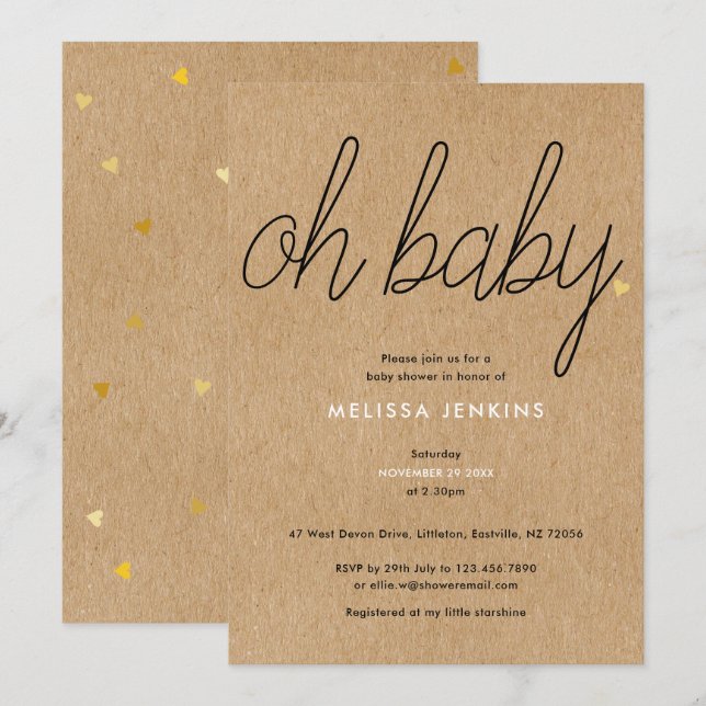 Invitación Oh Baby Chic Script Baby Shower / Sprinkle Rústico (Anverso / Reverso)