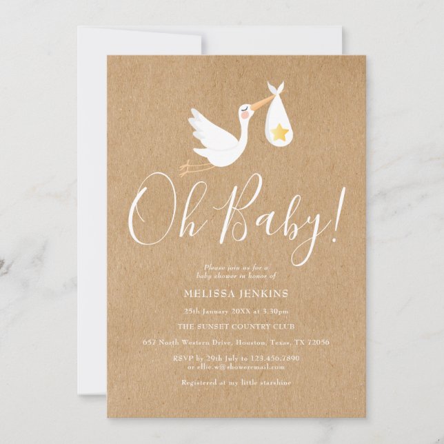 Invitación Oh Baby Cigüeña Baby Shower Rústica (Anverso)