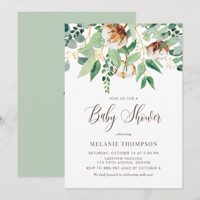 Invitación Oh Baby Cotton Blossoms y Eucalyptus Baby Shower (Anverso / Reverso)