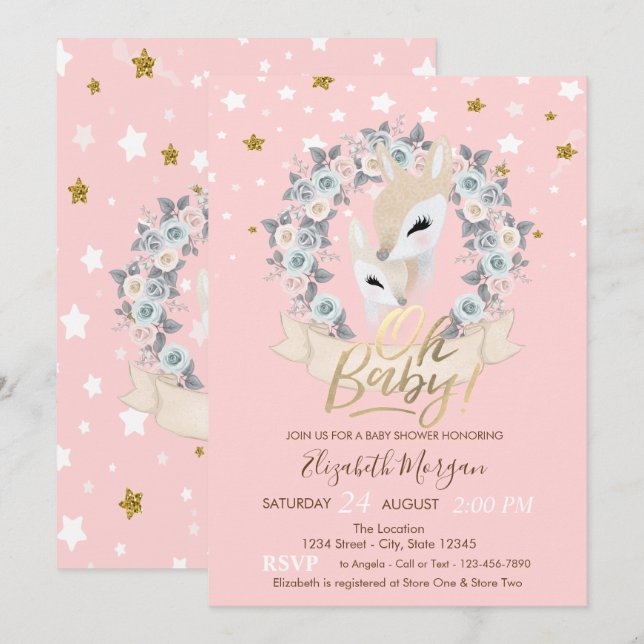 Invitación Oh Baby Cute Baby Deer Gold Stars Baby Shower (Anverso / Reverso)