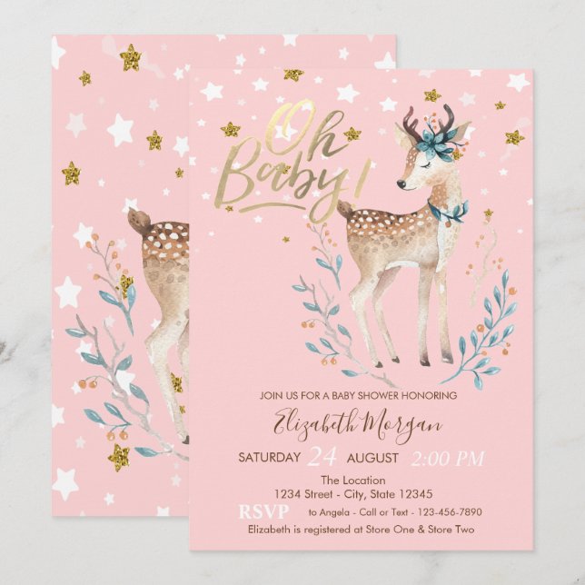 Invitación Oh Baby Cute Baby Deer Stars Baby Shower (Anverso / Reverso)