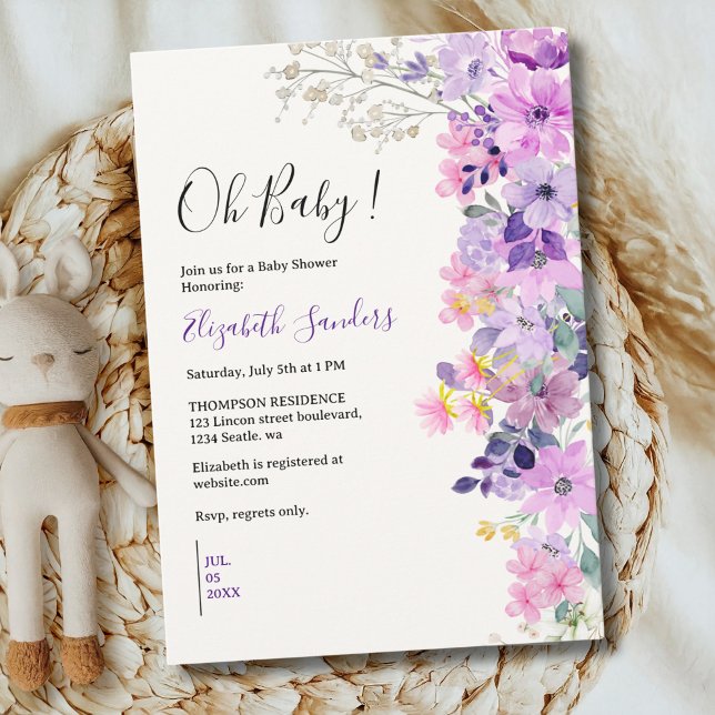 Invitación Oh Baby, Cute Baby Shower Purple Spring Flowers (Subido por el creador)