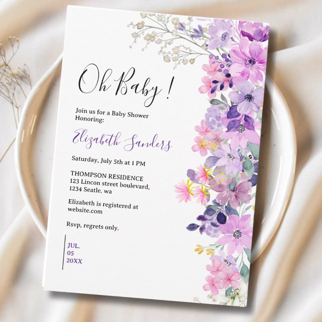 Invitación Oh Baby, Cute Baby Shower Purple Spring Flowers (Subido por el creador)