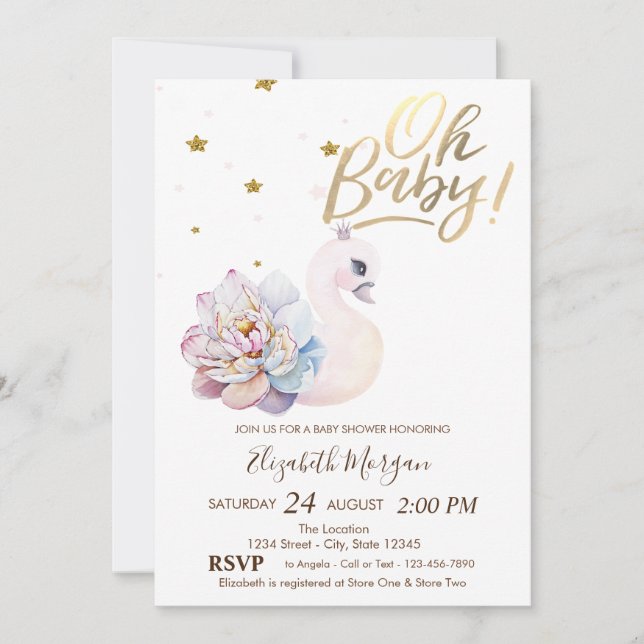 Invitación Oh Baby Cute Baby Swan Flower Baby Shower (Anverso)