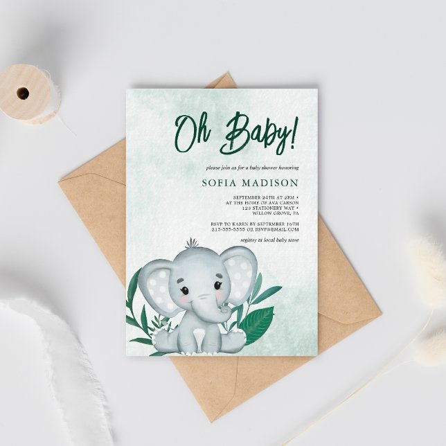 Invitación Oh Baby Cute Elephant Green Baby Shower (Subido por el creador)