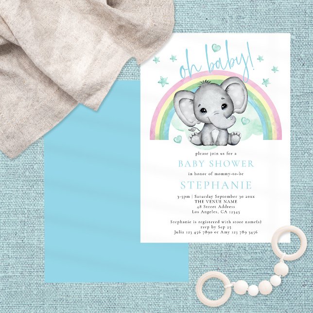 Invitación Oh Baby Cute Elephant Rainbow Blue Baby Shower (Subido por el creador)