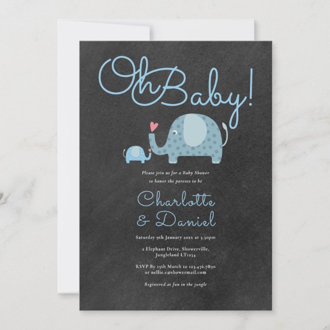 Invitación Oh Baby Cute Elephants Parejas Baby Shower (Anverso)