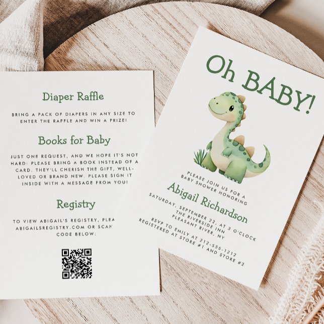 Invitación Oh Baby Cute Green Dinosaur QR Code Baby Shower (Subido por el creador)
