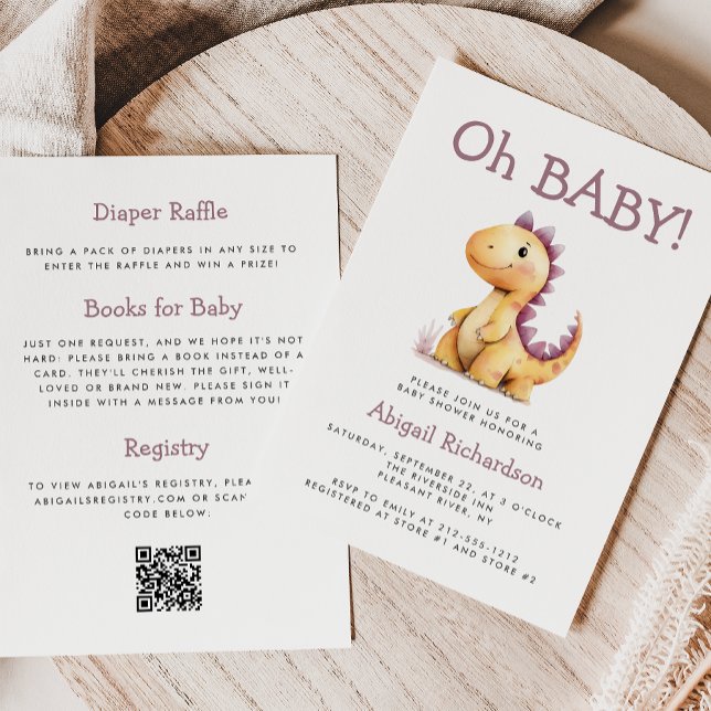 Invitación Oh Baby Cute Naranja Purple Dinosaur QR Baby Showe (Subido por el creador)