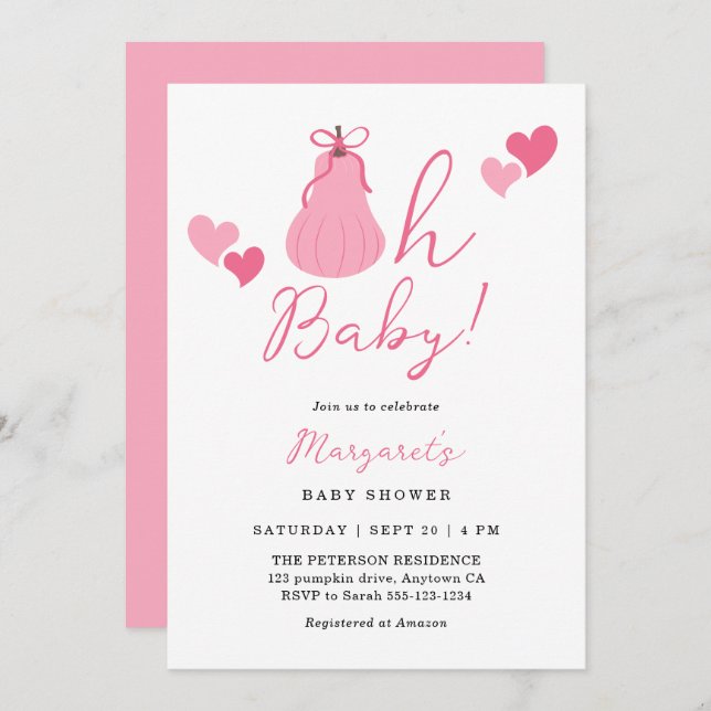 Invitación Oh Baby Cute Pink Bow Chica Baby Shower (Anverso / Reverso)