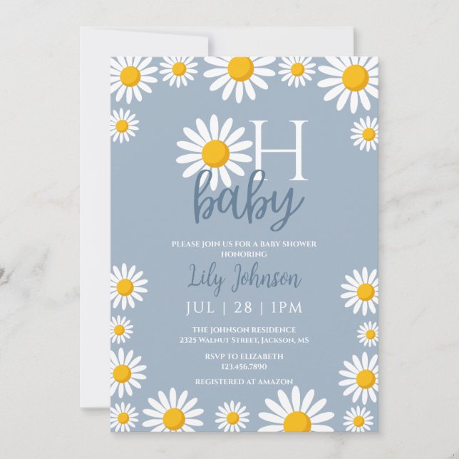 Invitación Oh Baby Daisy Blue Baby Shower Todo En Uno (Anverso)