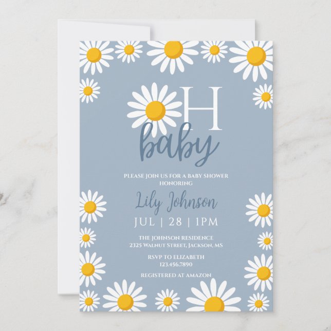 Invitación Oh Baby Daisy Dusty Blue Baby Shower (Anverso)