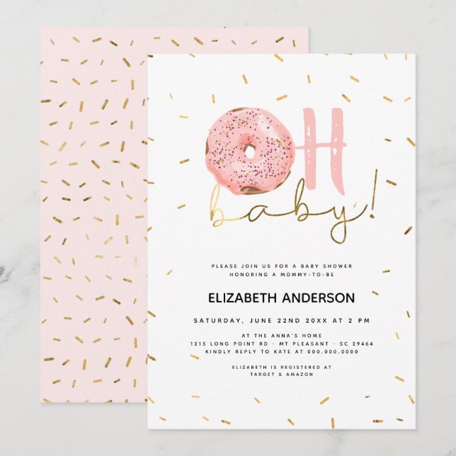 Invitación Oh Baby Donut y Sprinkles Gold Chica Baby Shower (Anverso / Reverso)