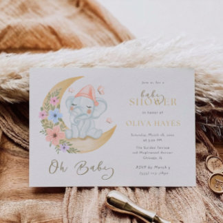 Invitación Oh Baby Dreamy Moon Elephant Baby Shower