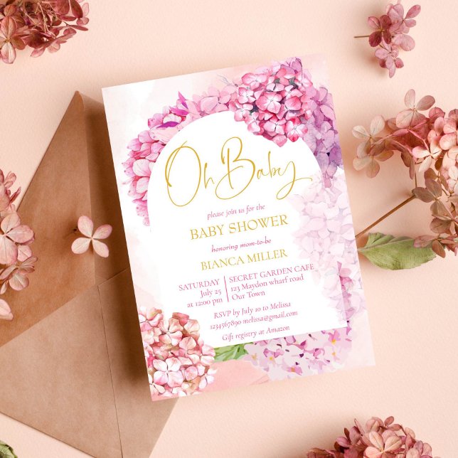Invitación Oh baby ducha hortensias rosadas arco floral elega (Oh baby shower pink hydrangeas baby shower invitation it's a girl )