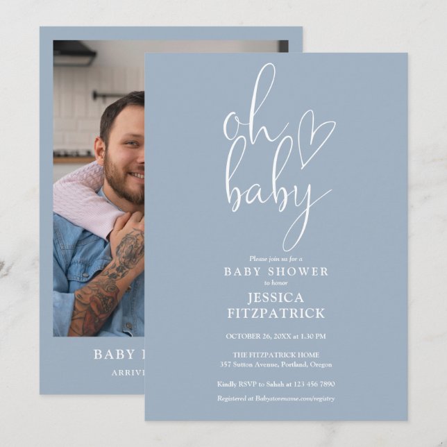 Invitación Oh Baby Dusty Blue Boy Foto Baby Shower (Anverso / Reverso)
