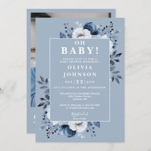 Invitación Oh Baby Dusty Blue Floral Photo QR Baby Shower
