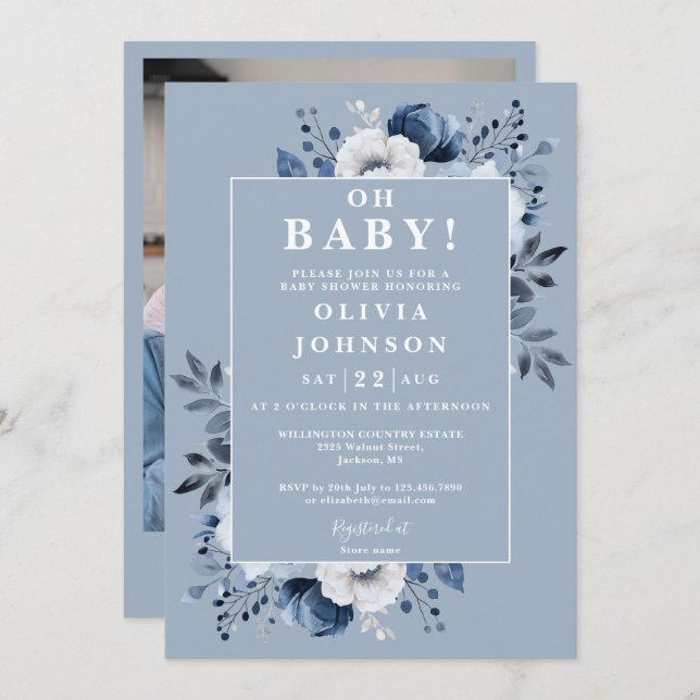 Invitación Oh Baby Dusty Blue Rustic Photo Baby Shower (Anverso / Reverso)