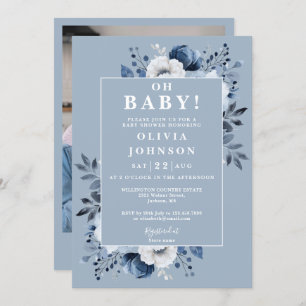 Invitación Oh Baby Dusty Blue Rustic Photo Baby Shower