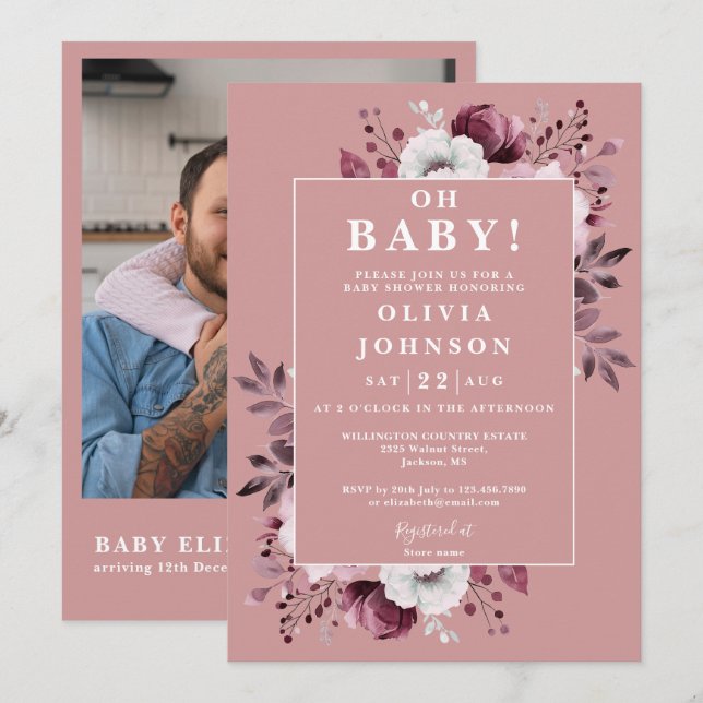 Invitación Oh Baby Dusty Rosa Floral Photo QR Baby Shower (Anverso / Reverso)