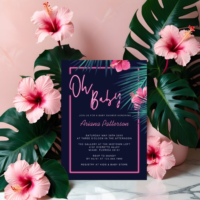Invitación Oh Baby Electric Neon Pink Tropical Baby Shower (Oh Baby Electric Neon Pink Tropical Baby Shower Invitation)