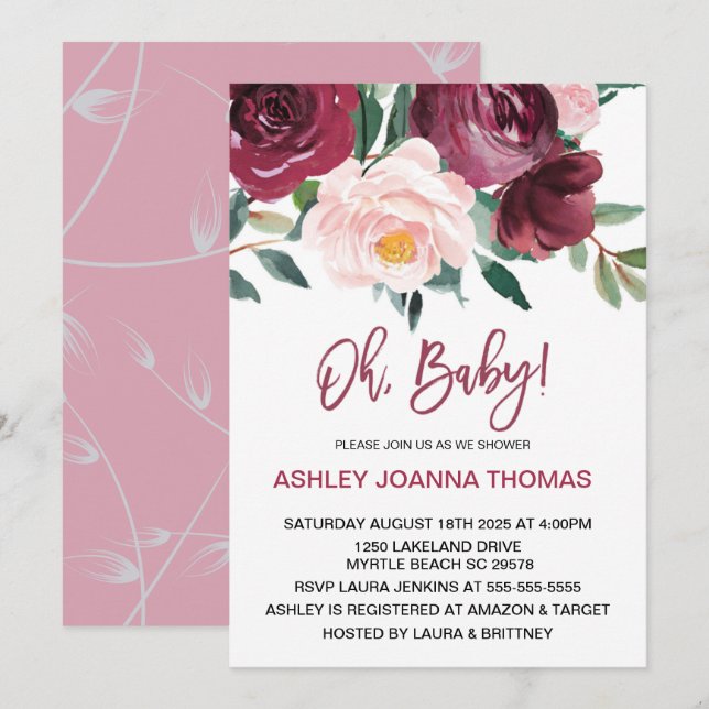 Invitación Oh Baby Elegant Burgundy Flowers Baby Shower (Anverso / Reverso)