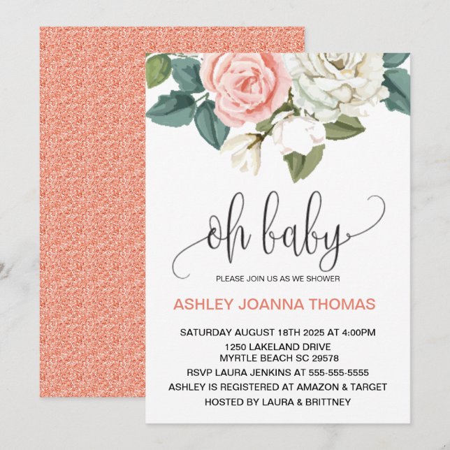 Invitación Oh Baby Elegant Coral Flowers Baby Shower (Anverso / Reverso)