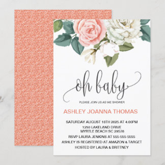 Invitación Oh Baby Elegant Coral Flowers Baby Shower