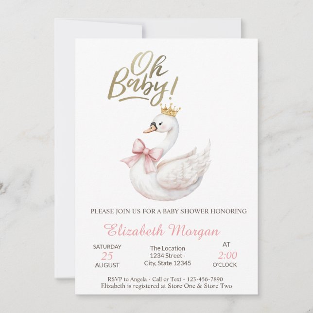 Invitación Oh Baby Elegant Swan Bow Crown Flowers  (Anverso)
