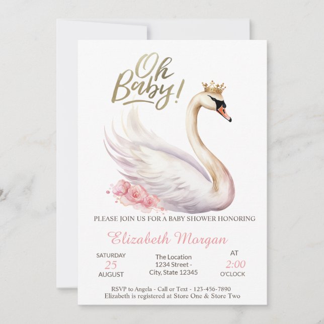 Invitación Oh Baby Elegant Swan Crown Flowers Baby Shower (Anverso)
