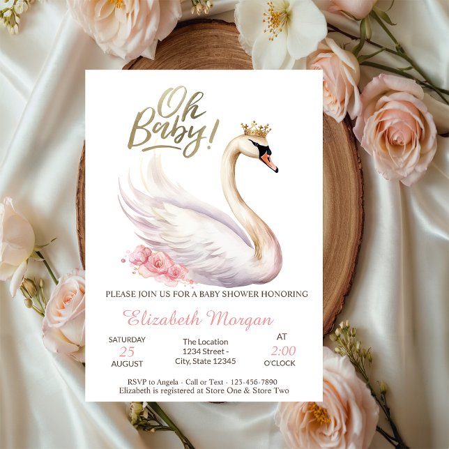 Invitación Oh Baby Elegant Swan Crown Flowers Baby Shower (Subido por el creador)