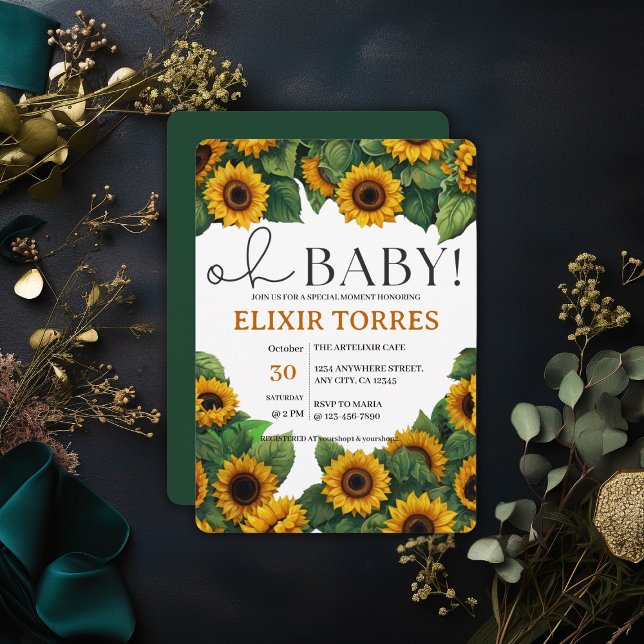 Invitación Oh Baby" Elegante Baby Shower moderno de girasol (Subido por el creador)