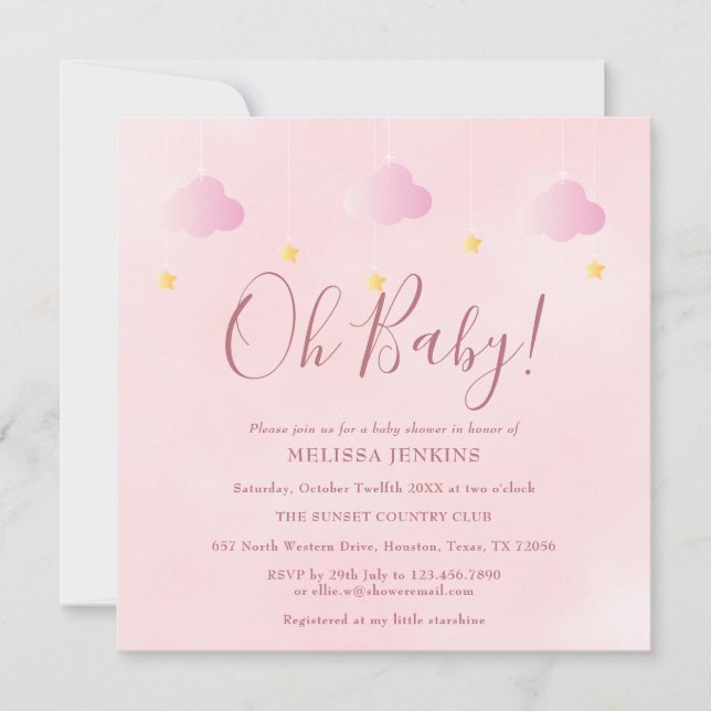 Invitación Oh Baby Estrellita Brillante Rosa Suave Baby Showe (Anverso)